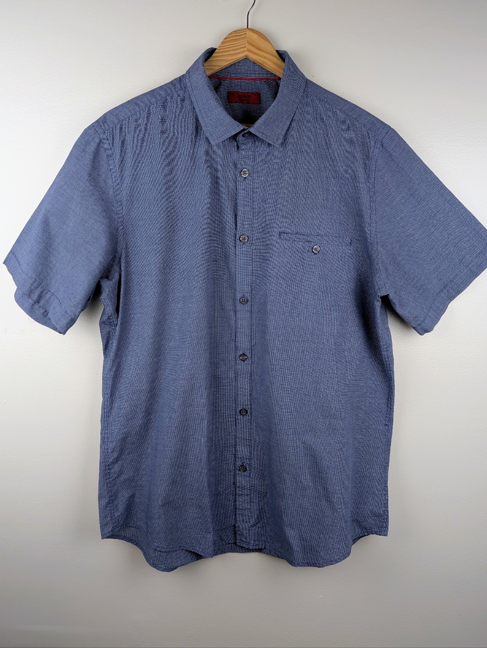 Alfani Men's Blue Short Sleeve Slim Fit Button Up Shirt Large Cotton Micro Check